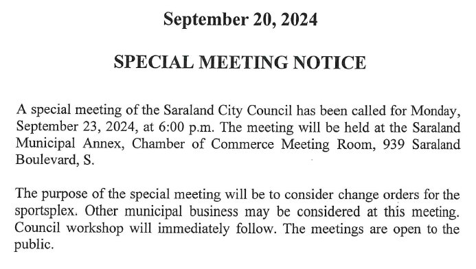 Special Called Meeting notice 092024