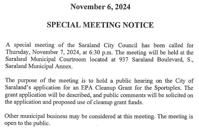 Special Meeting Notice - November 7, 2024